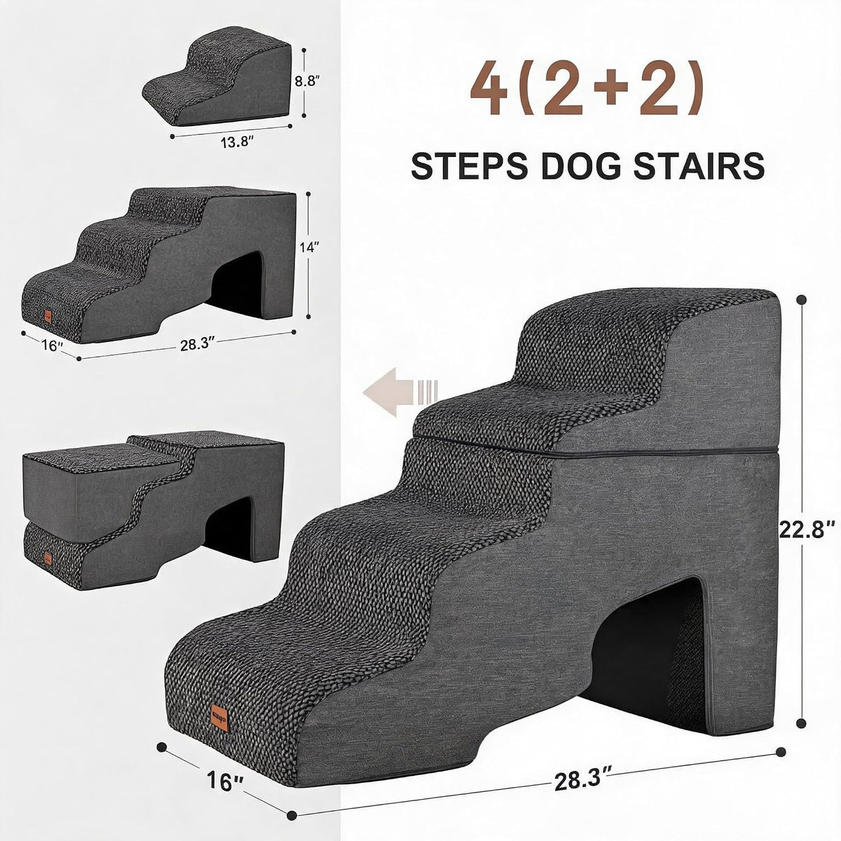 Garnpet Dog Stairs for Couch Sofa and Chair - Fleece 4-Step / Charcoal Grey - image 2