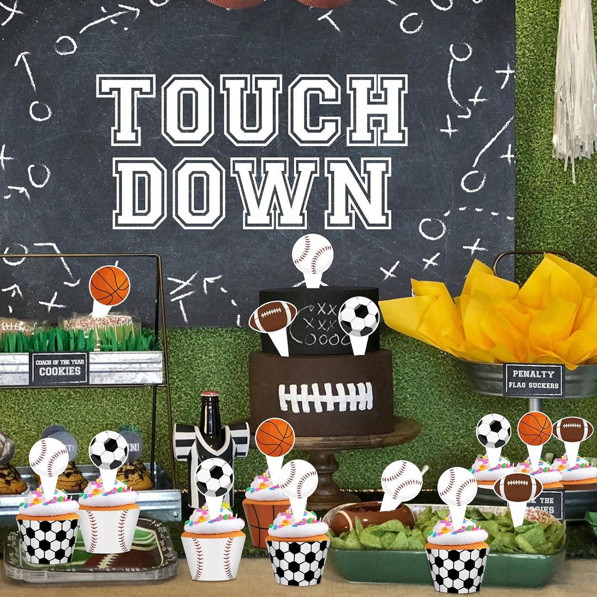 Hxezoc football cupcake toppers and wrappers set with brown and green football designs - view 33