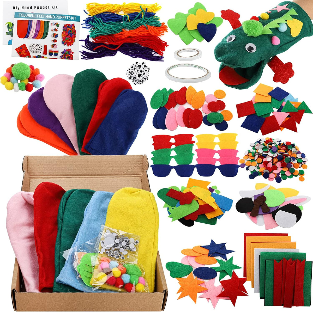 TOPZEA hand puppet making kit with 12 colorful pre-sewn felt puppets, googly eyes and pompoms