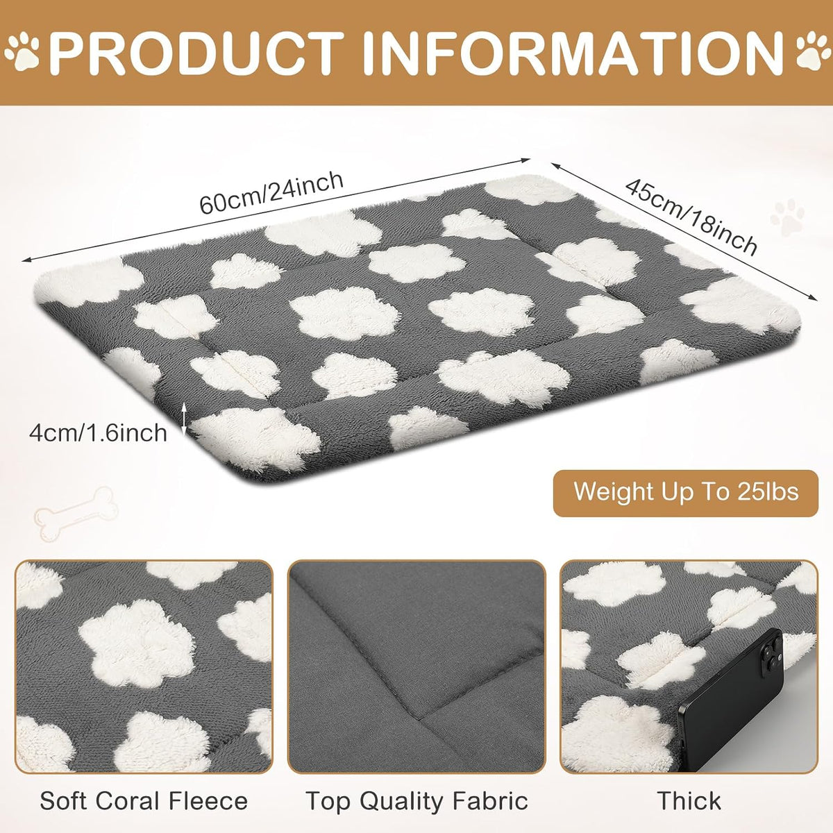 4 Pcs Dog Crate Pads Soft Warm - Rectangular 18 x 24 x 1.6 Inch / Clouds / Gray - image 2