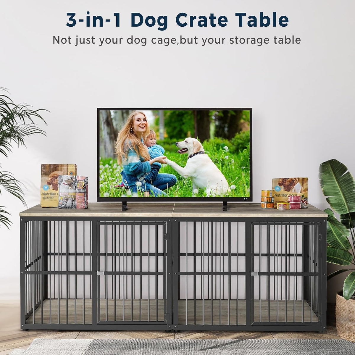 Lyromix 86.62'' Dog Crate Furniture Large Breed TV Stand, Grey – Essentials for Dogs - Ancient gray / 86.6"L x 29.9"W x 33.1"H / TV Stand Crate - image 3