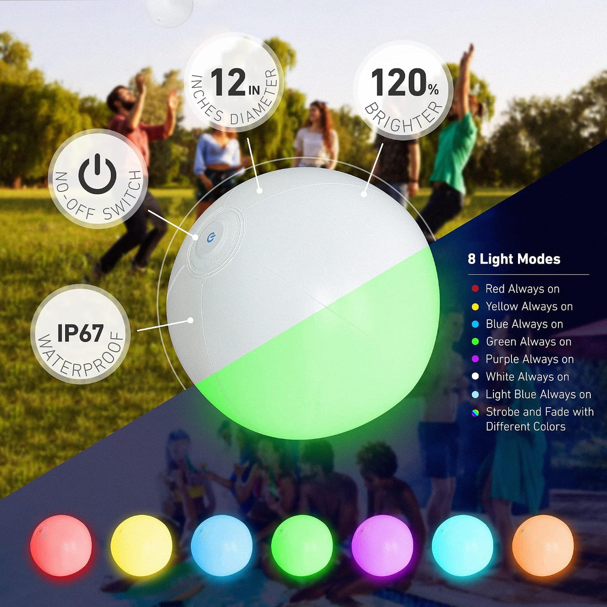 FLAMDYNO 12-Inch Light Up Pool Toys, LED Beach Balls for Kids 3+ – Fun for Kids & Family - 8-Ball Set - image 2