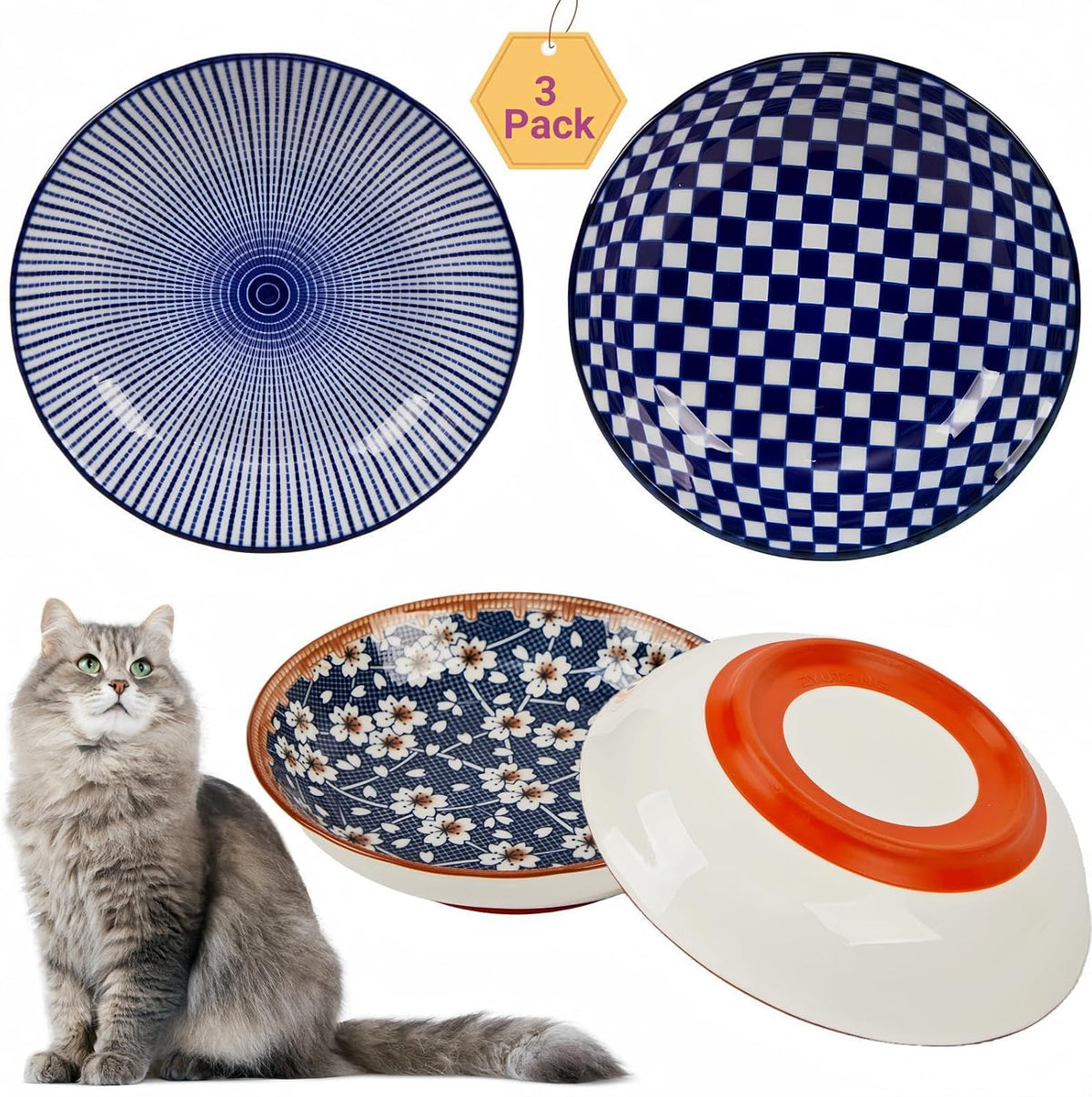 Whisker Fatigue Cat Bowl, Ceramic Cat Food Bowl Non-Slip, Boho