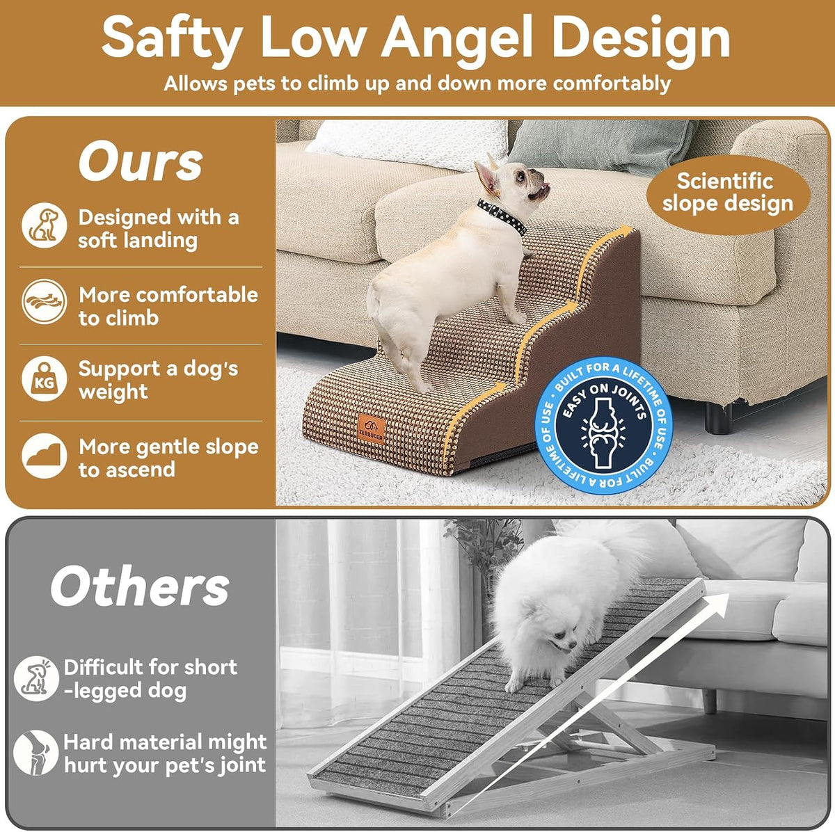Zerbuger Dog Ramp and Stairs for Bed, Coffee 3 Steps 16" H - Coffee / 3 - image 4