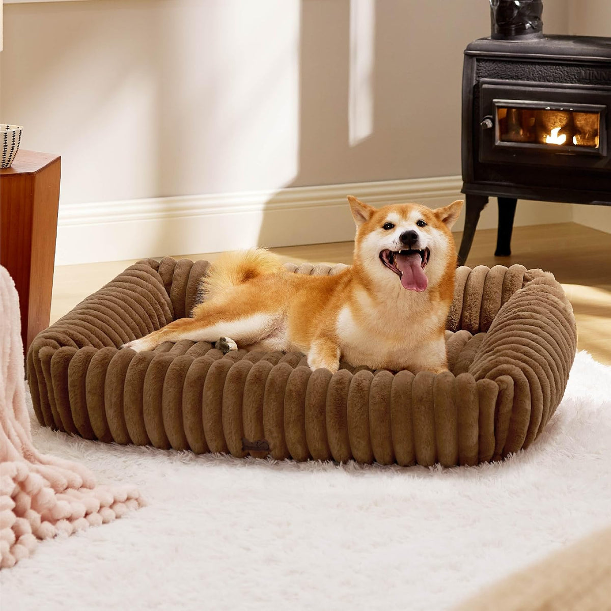 Bedsure ComfyFleece Cute Dog Bed for Small Medium Dogs Washable - L(36" x27" x8") / Camel Brown