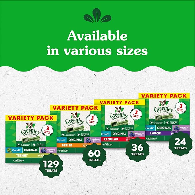 Greenies Regular Dental Dog Treats, 3-Flavor Variety Pack, (3) 12 oz. Pouches, 36 Total Treats