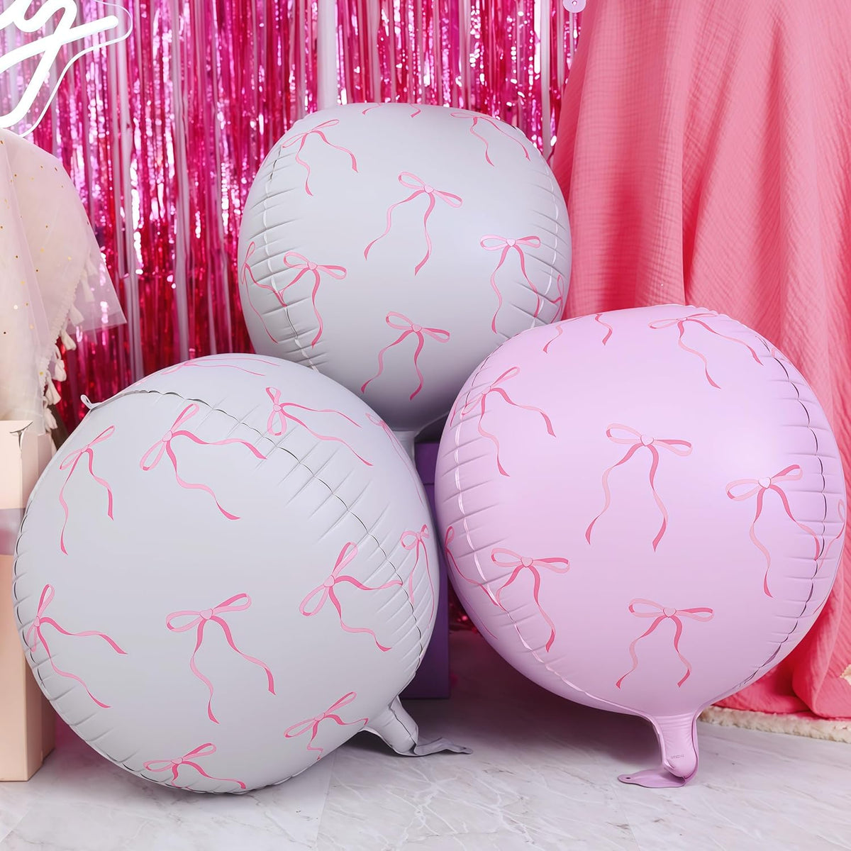 12PCS Iridescent Round Foil Balloons 22" 15" 10" Large Holographic - 22inch Pink Gray Bow Print - image 4