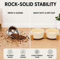 SPUNKYJUNKY Ceramic Dog and Cat Bowl with Wood Stand Non-Slip Matte - 3.6 cups / Beige × 2 - image 3