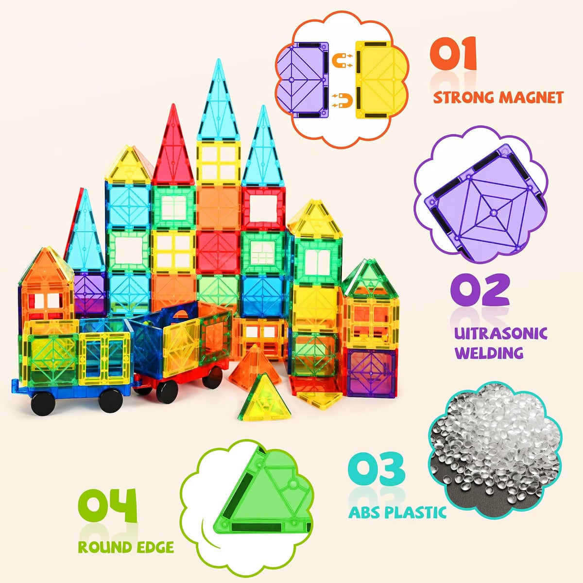 cossy 120 Pcs Magnetic Tiles, 3D Magnetic Blocks Set with 2 Cars - 220 Pieces - image 4