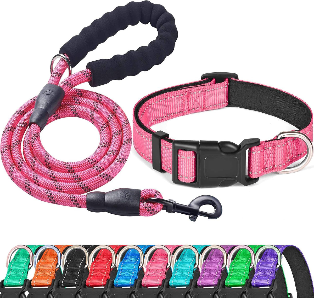 Ladoogo Reflective Dog Collar Padded with Soft Neoprene - Pink / Medium