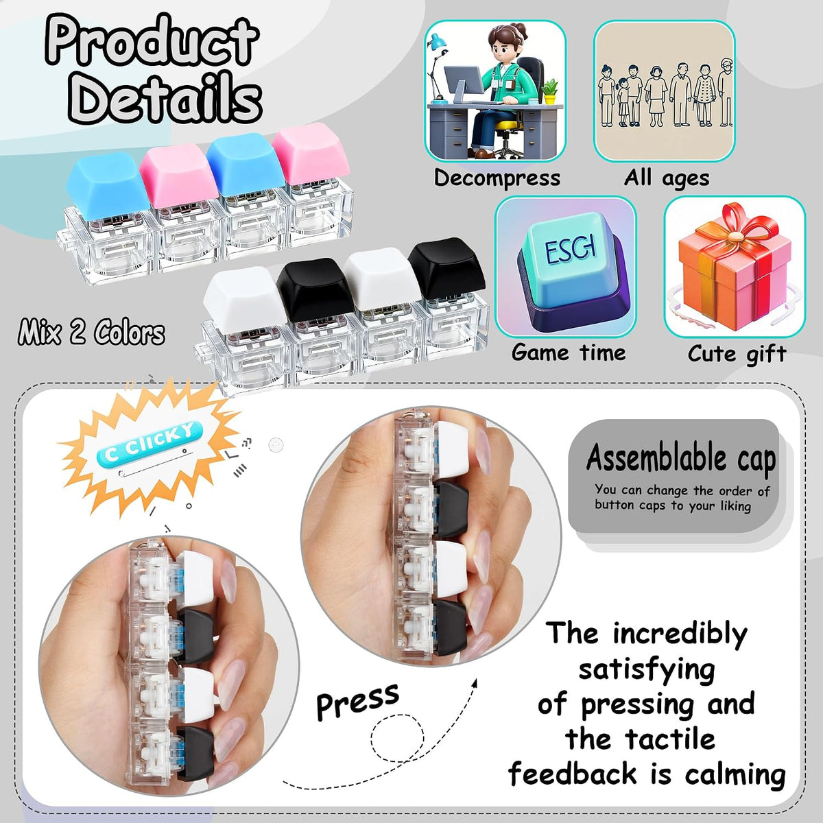 2 PCS Keyboard Fidget Toy - Black White Blue Pink / General - image 3