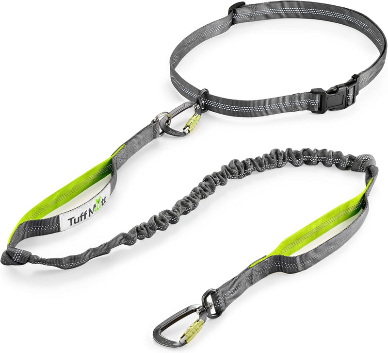 Tuff Mutt Waist Hands Free Dog Leash for Walking Running Hiking – Essentials for Dogs - Carabiner/Green