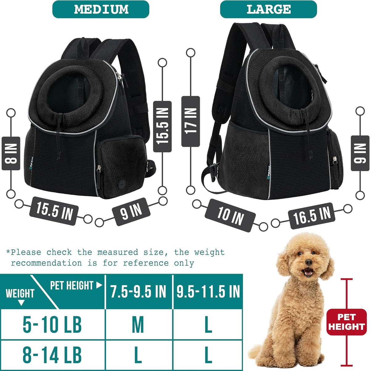PetAmi Dog Carrier Backpack, Hands Free Front Pet Carrier - Black / 15.5"L x 9.0"W x 15.5"H - image 2