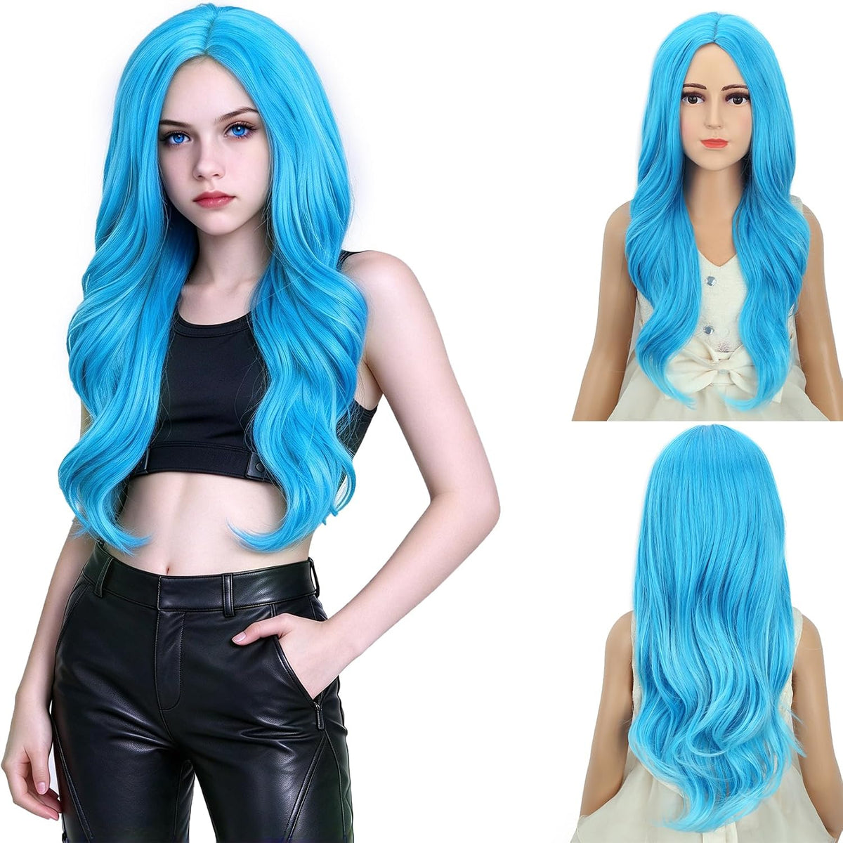 DUDUWIG long black wavy curly middle part wig for kids with wig cap - view 2