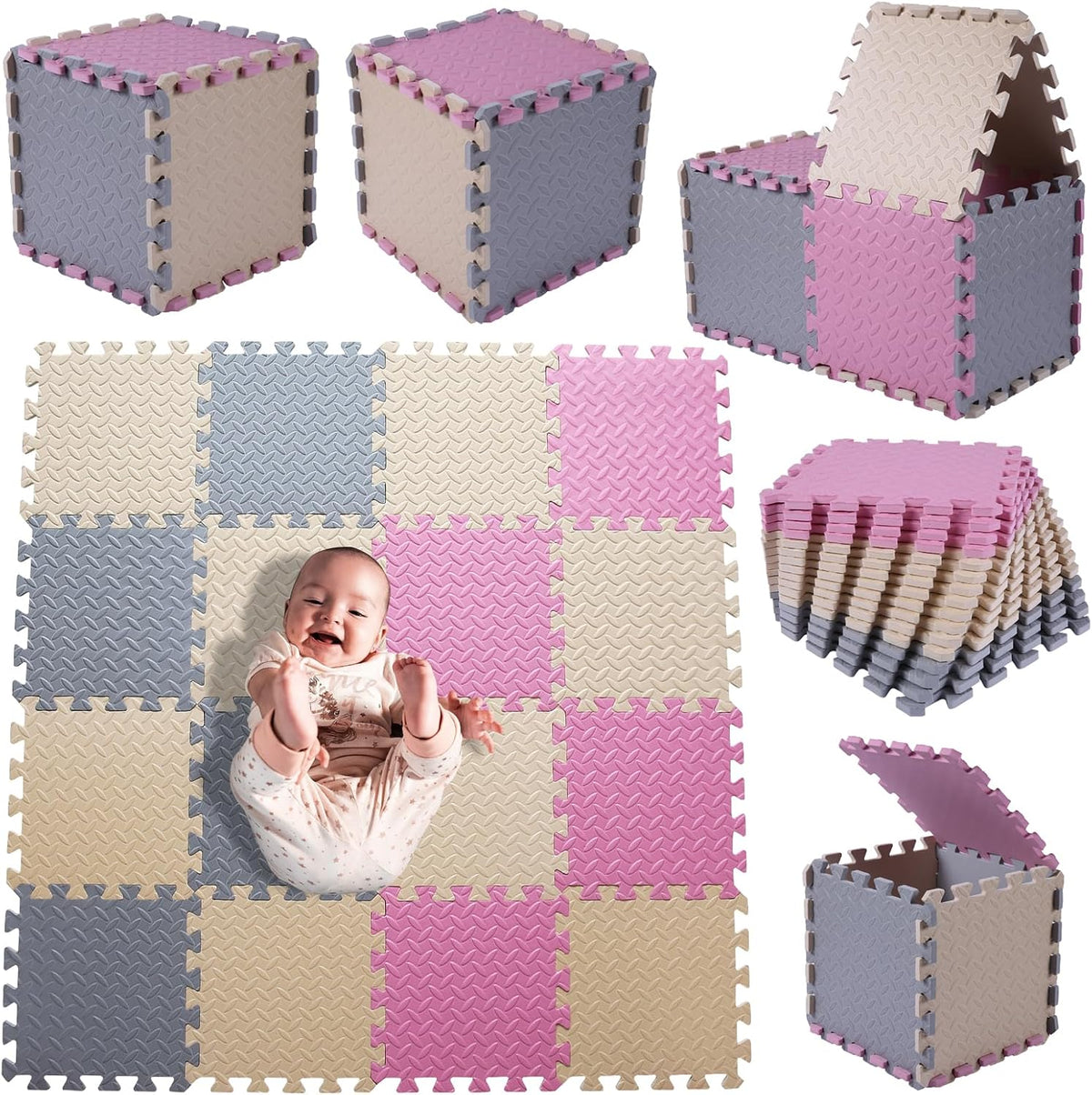 Foam Play Mat for Baby, Soft Non-Toxic Baby Playmat - Beige/Gray/Pink / 16 Pcs/47.2*47.2 - image 2