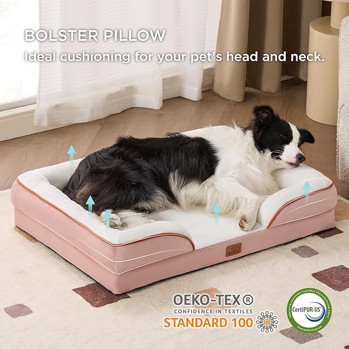 Bedsure Orthopedic Dog Beds Large Sized Dog - Washable Large Dog Cat Bed Waterproof, Comfort Dogs Couch Sofa with Washable Removable Cover, Pet Bed with Nonskid Bottom, Pink, 35"