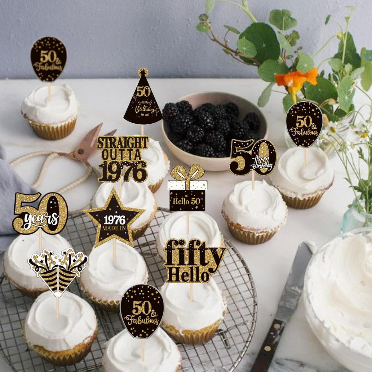 36PCS Happy 80th Birthday Cupcake Toppers Double Sided Black Gold - Straight Outta / 50th - image 4