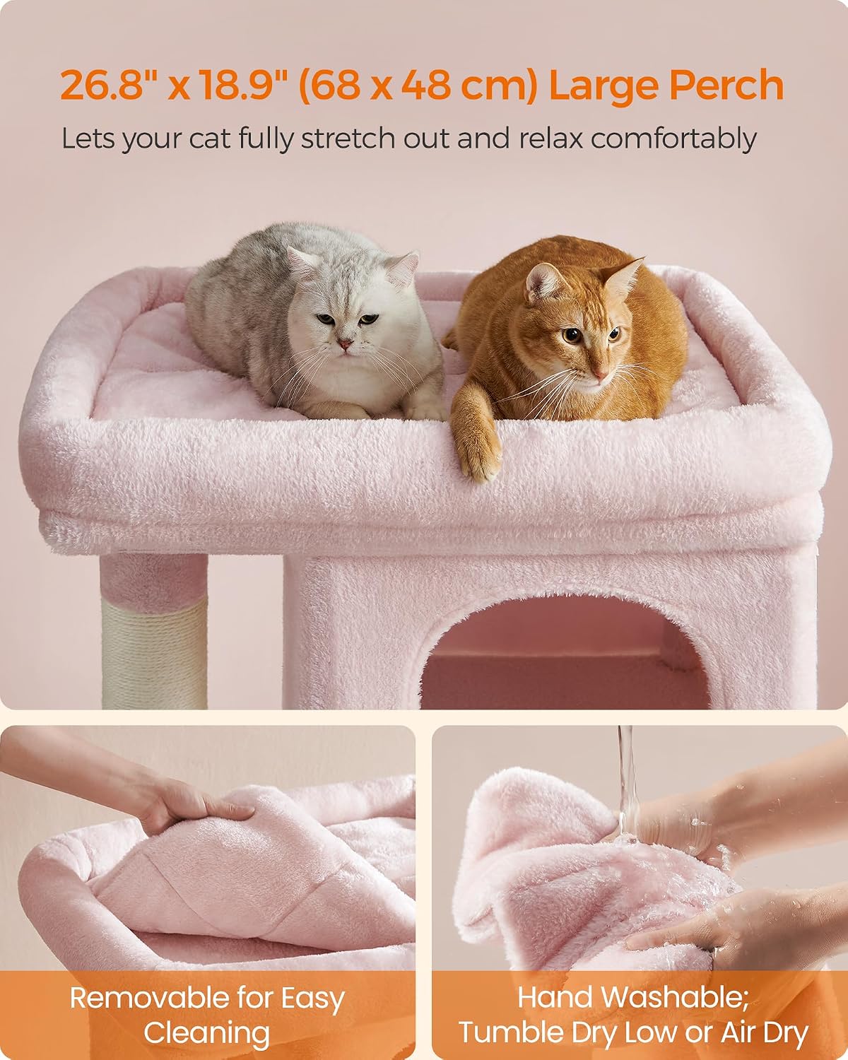 Feandrea Cat Tree, Plush Kitten Condo - XL (26.8"L x 18.9"W x 40.6"H) / Jelly Pink - image 3