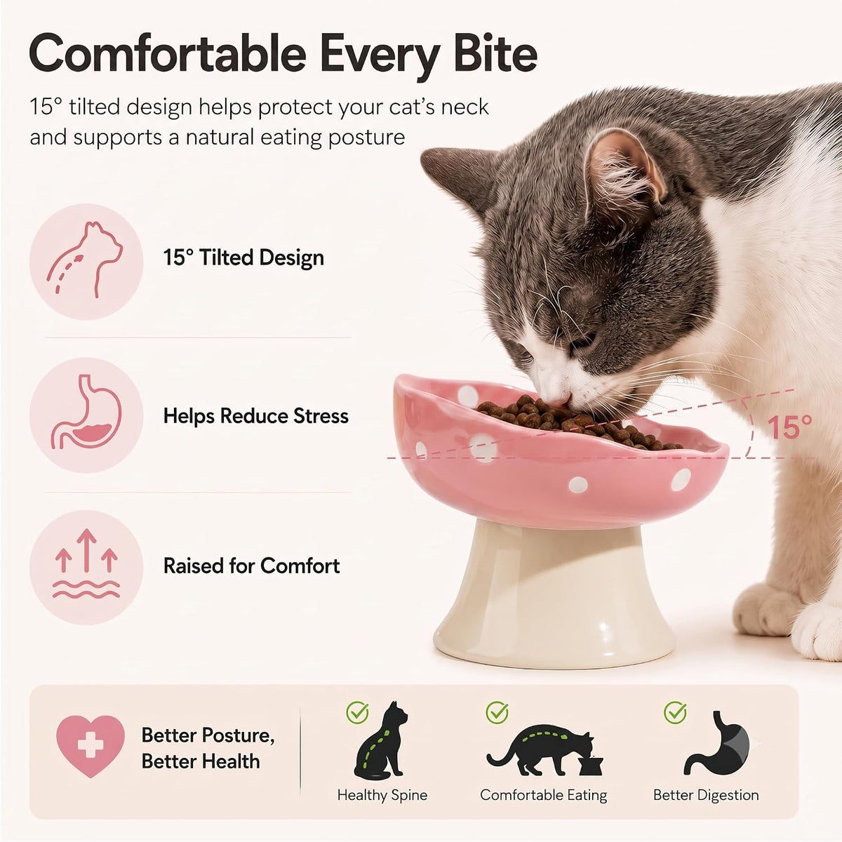 Red Mushroom Cat Bowl, Elevated Ceramic Bowl for Cats – Essentials for Cats - Pink - image 4