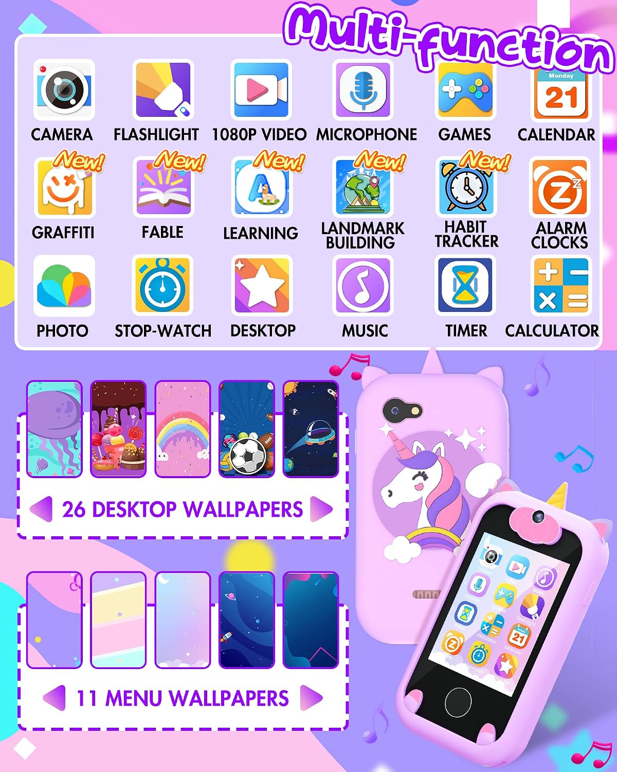 Joozfee kids smart phone toy in pink with unicorn design, dual camera and lanyard - view 6