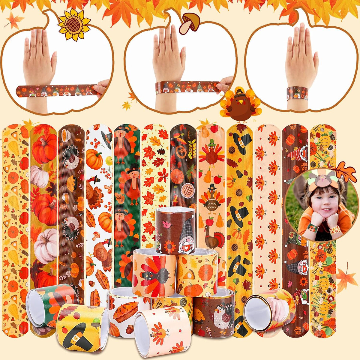 Junebrushs 56 fall Thanksgiving slap bracelets with turkey, pumpkin and leaf designs - view 30