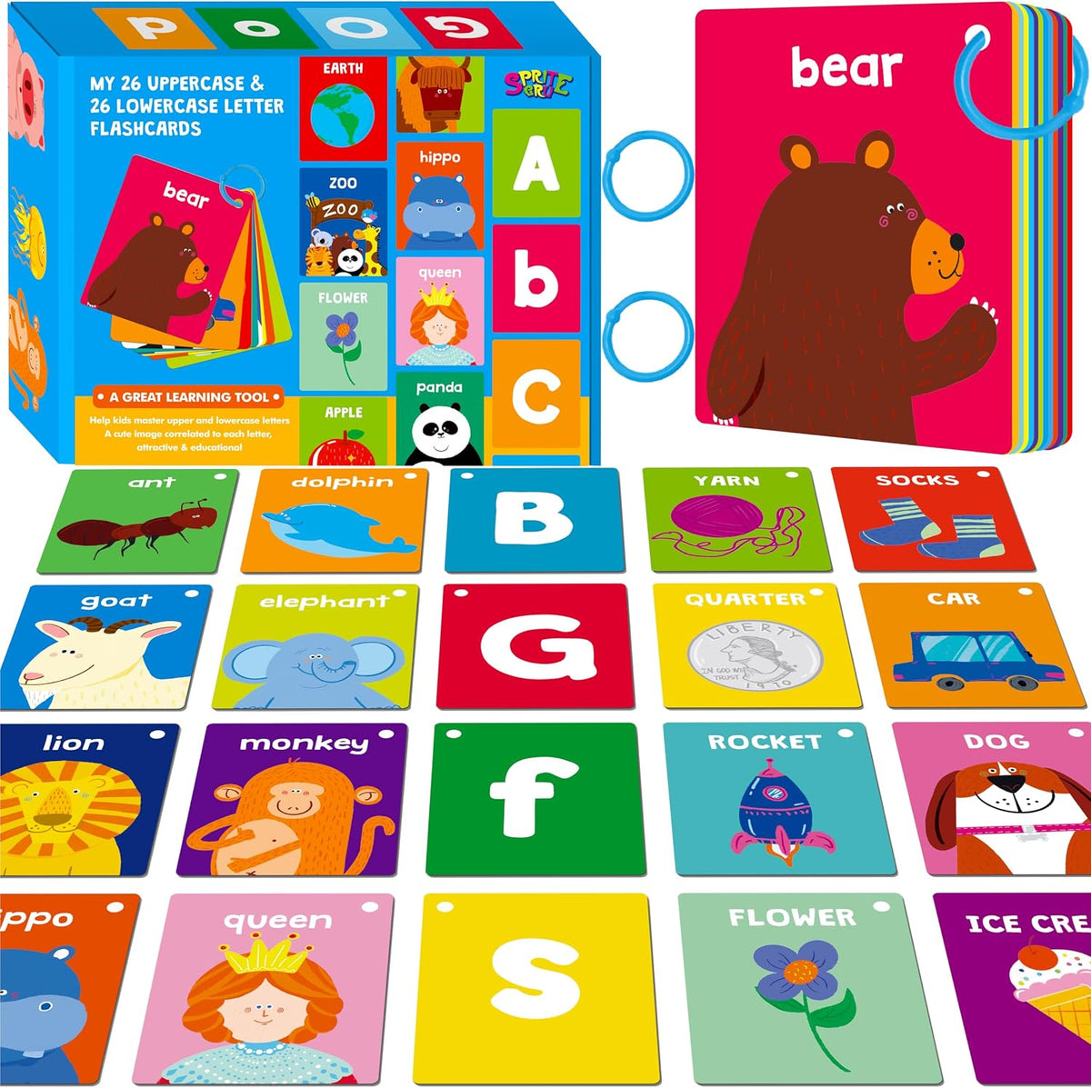 SpriteGru Spanish flashcards for toddlers with colorful cartoon images on rings