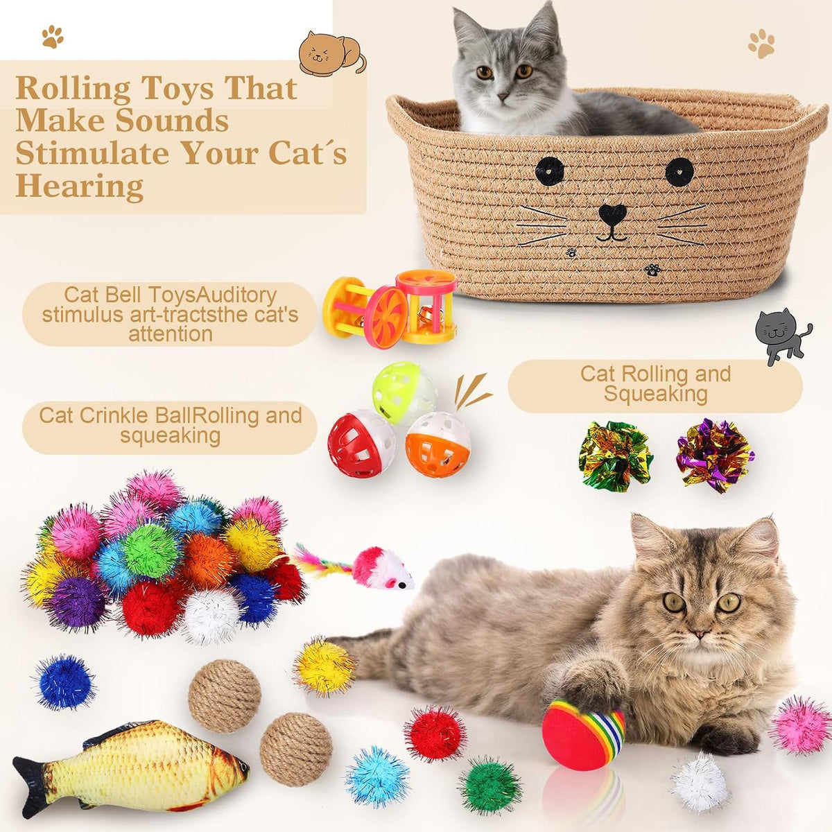 Zopeal 58 Pcs Cat Toy Set with Storage Basket Indoor, Grey - Khaki / 9.8 Inch - image 3