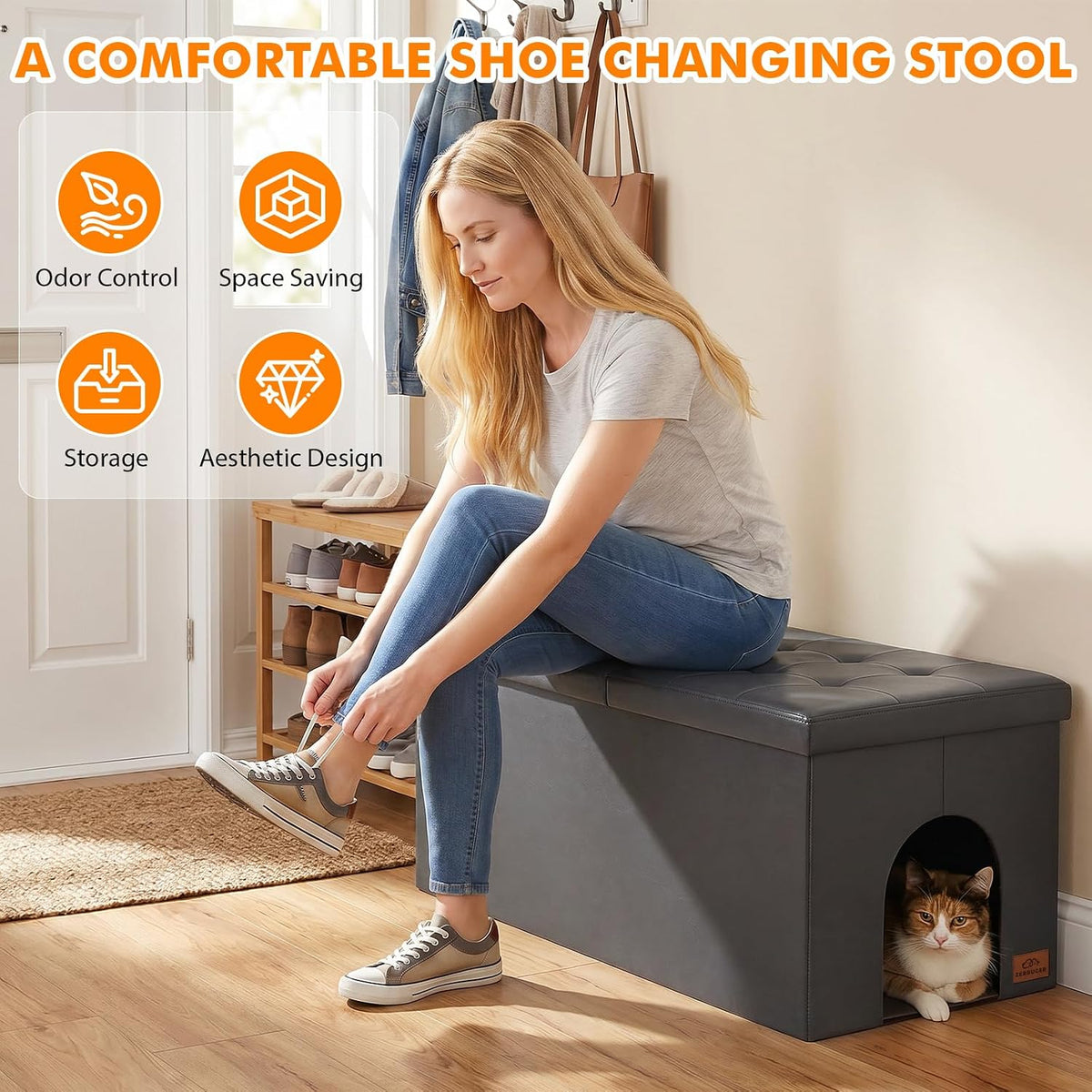 Zerbuger Cat Litter Box Enclosure Furniture for Odor Control – Essentials for Cats - Gray-Faux Leather / X-Large - image 3