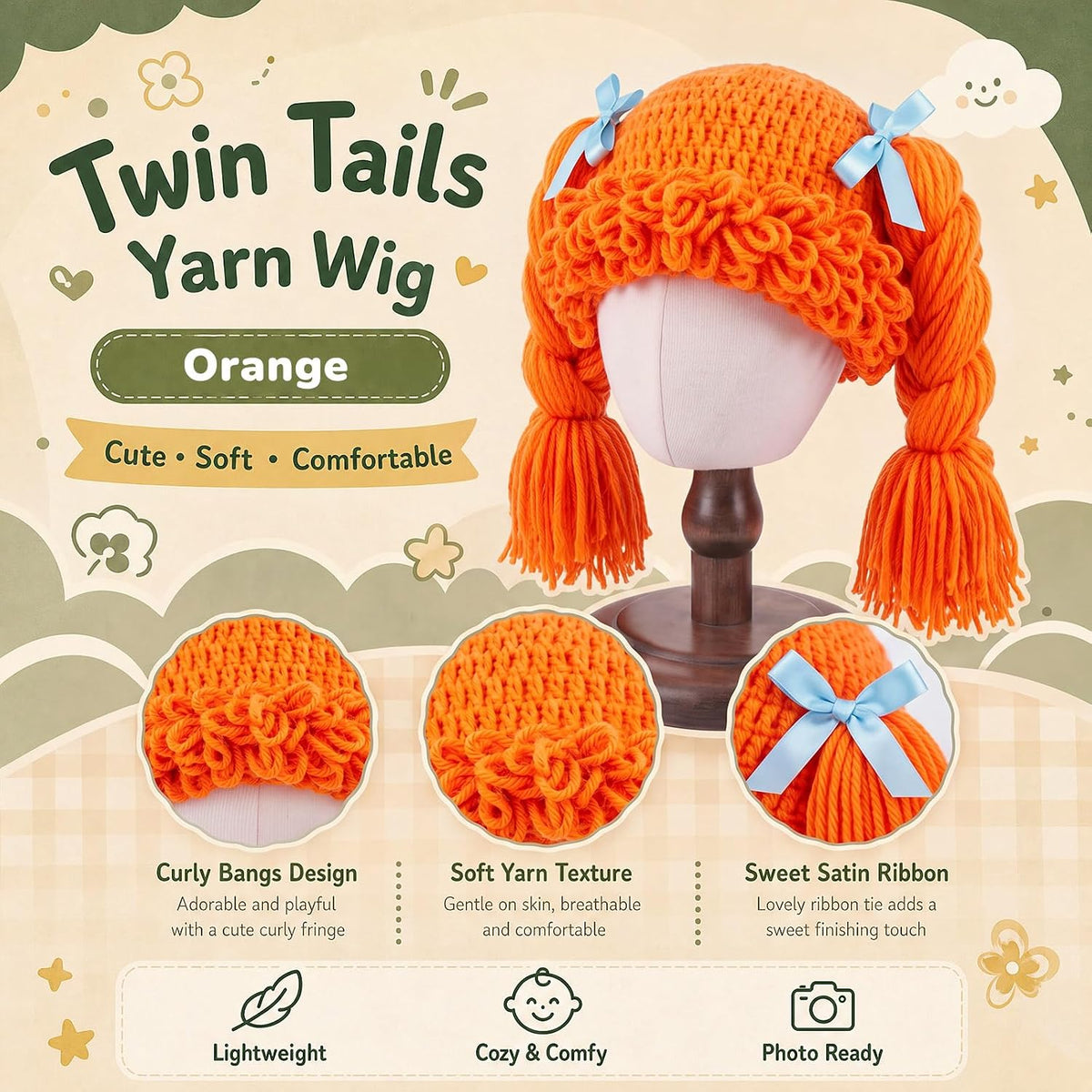 Halloween Cabbage Costume Yarn Wig - Orange 4 / Long Braided Pigtails - image 2