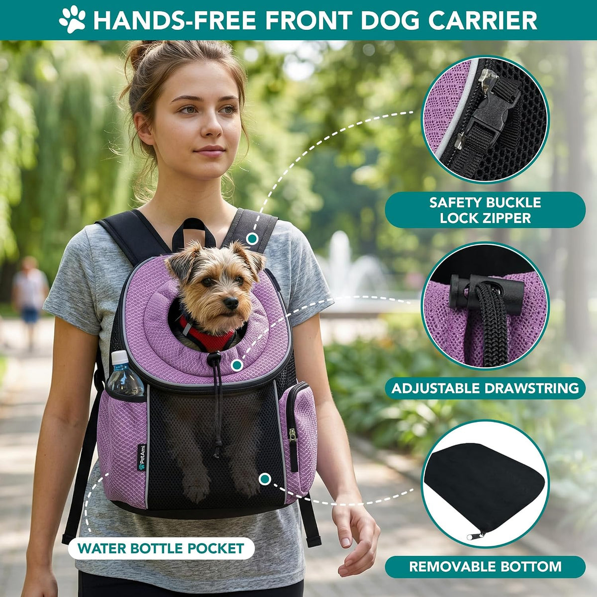 PetAmi Dog Carrier Backpack, Hands Free Front Pet Carrier - Purple / 16.5"L x 10.0"W x 17.0"H - image 3