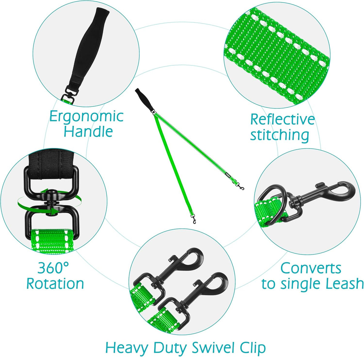 Two Point Control Dog Leash, No Tangle Training Walking Leashes – Essentials for Dogs - Grass Green - image 3