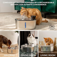 Wireless Cat Water Fountain Stainless Steel, 5200mAh Battery, Ultra Quiet, Automatic Pet Water Dispenser, 108oz/3.2L, Two Flow Modes, BPA-Free, Multi-Filtration, Includes 2 Filters - White