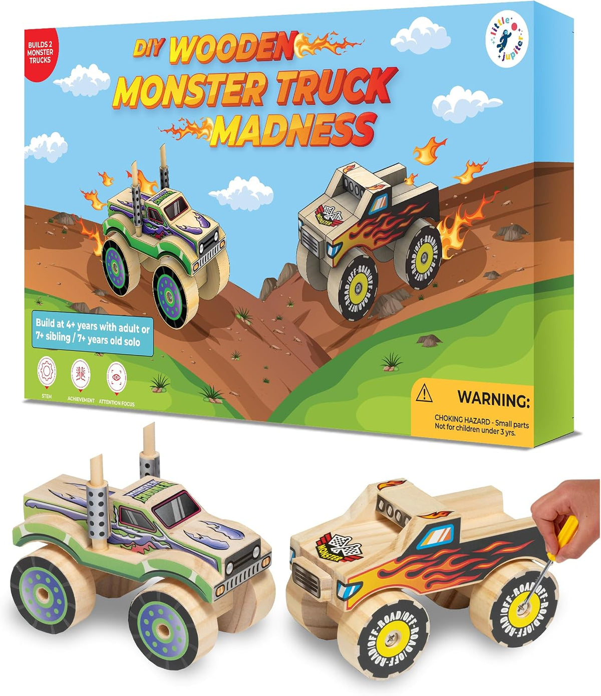 Little Jupiter DIY Wooden Kits w/Stickers, Kids Building Kit - Monster Truck #1 & #2