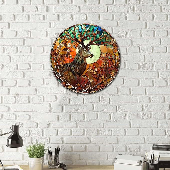 Lygond Metal Sign Tin Sign Circular Stained Glass Deer Vintage Metal Sign for Garage 8×8 Inches
