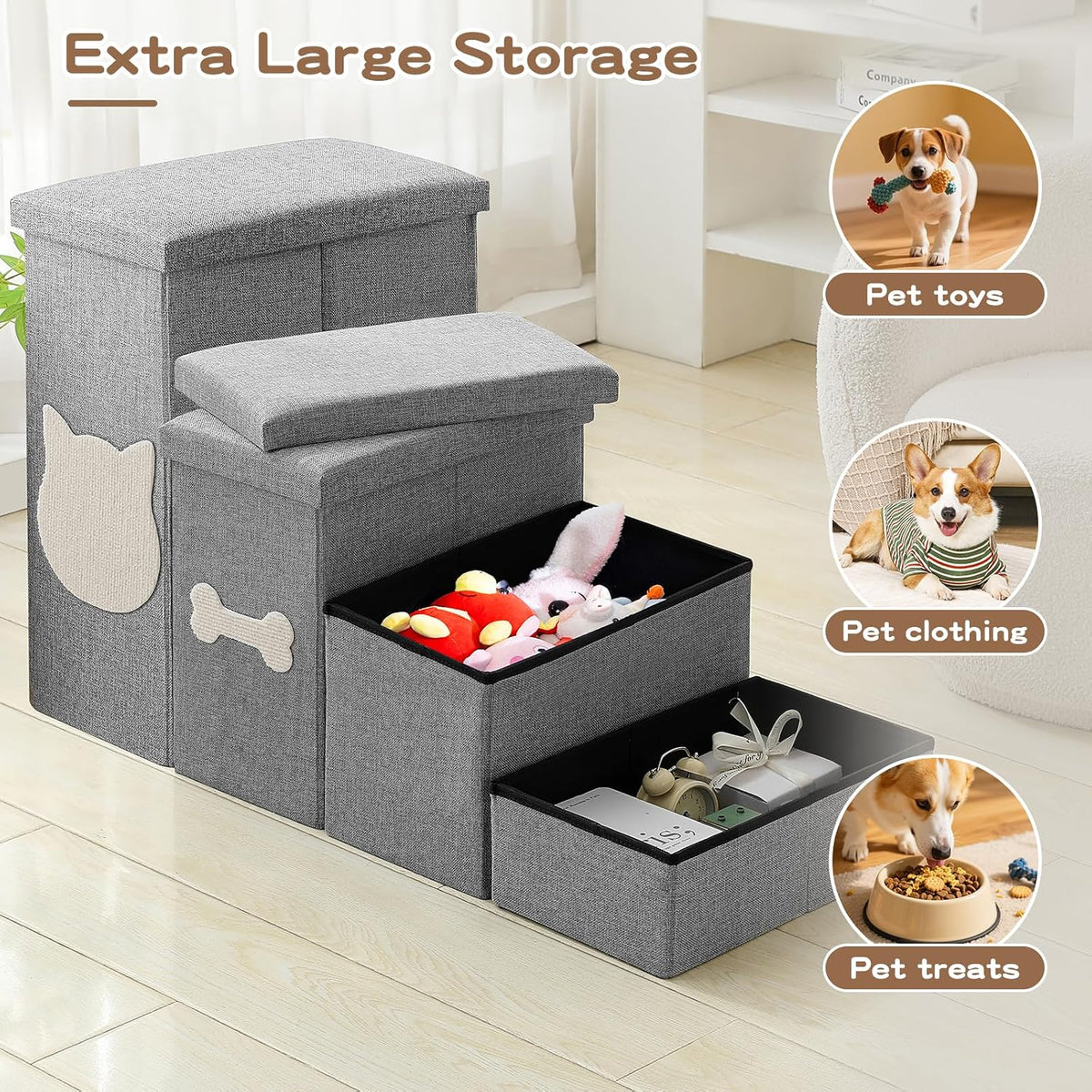 3-Step Dog Stairs for Small Dogs, Folding Dog Steps for Bed - Grey / 4-Step - image 3