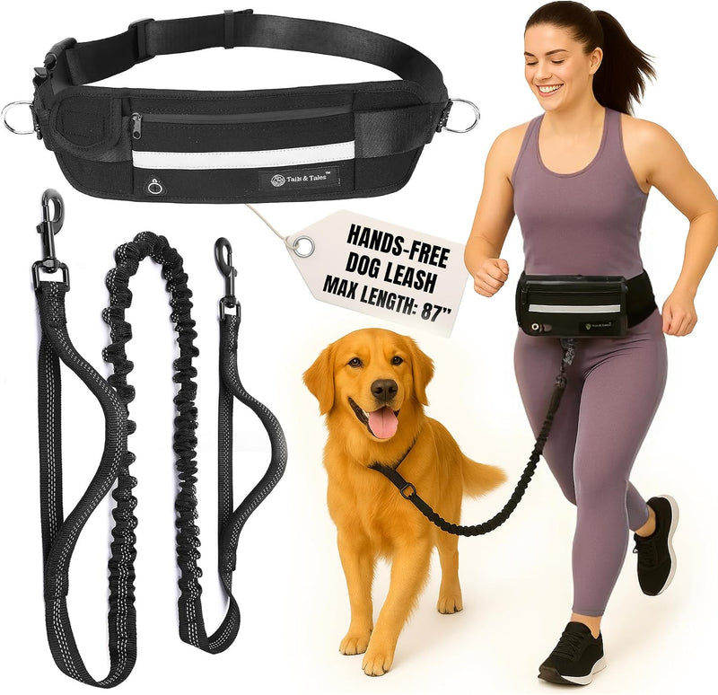Hands Free Dog Leash with Waist Pouch, Reflective Bungee