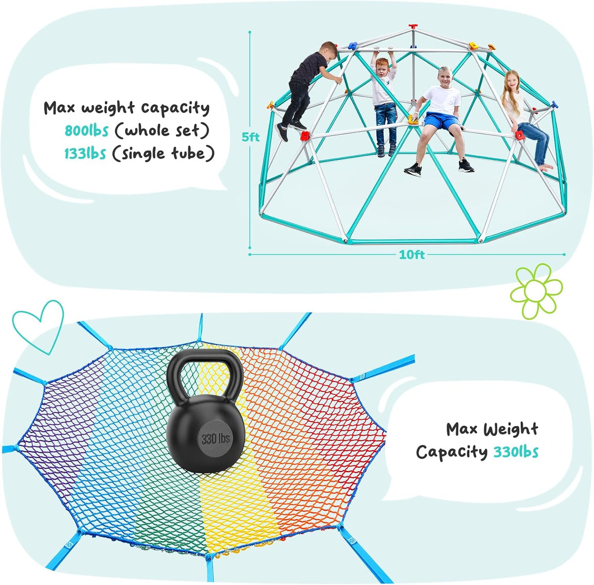 Hapfan 10 ft climbing dome with multi-color cargo net hammock for kids - view 8