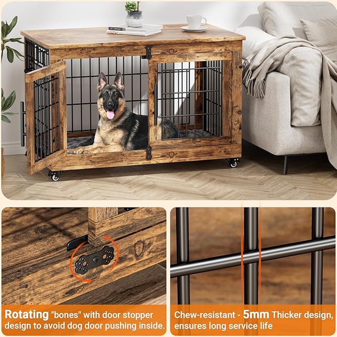 Lulive Dog Crate Furniture, Dog Kennel Indoor Double Doors Wooden Dog Cage, 38'' Heavy Duty Dog Crate with Cushion & Wheels, Decorative End Table Pet House Chew-Resistant for Large/Medium, Brown