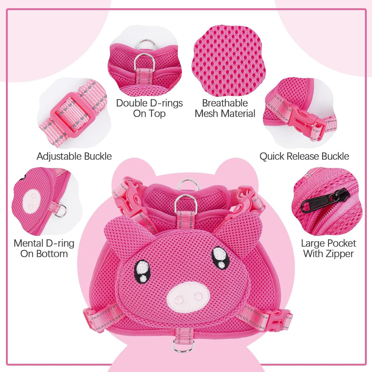 Dog Backpack Harness, No-Pull Dog Backpack with D-Ring, Frog, M - Pink Pig / Small - image 3