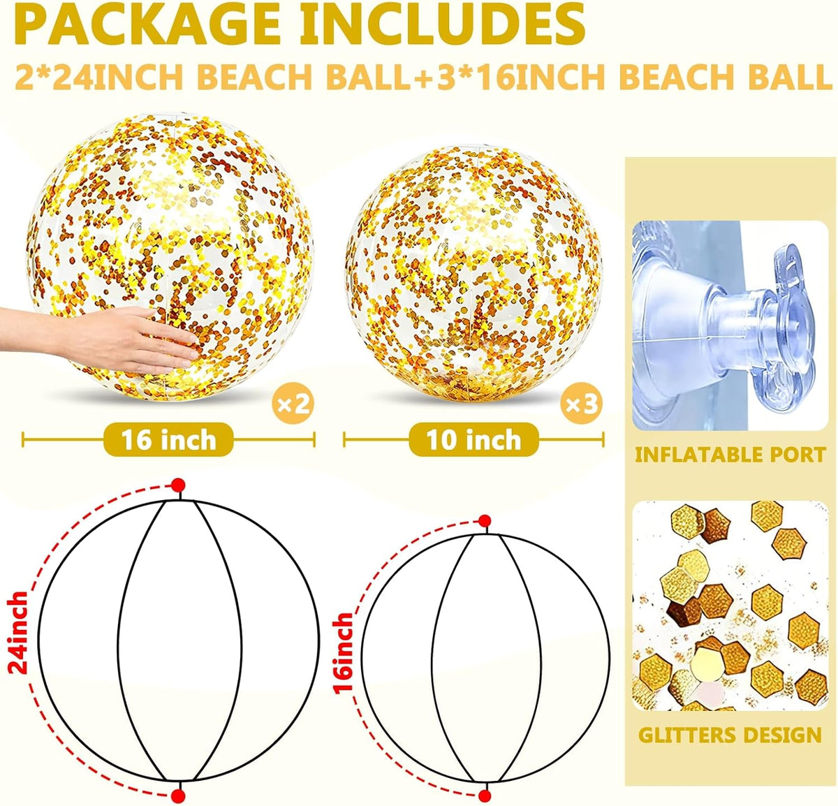TURNMEON 5 Pack Sequins Beach Balls 16 Inch 24 Inch Pool Party - Gold / 2 pcs 24inch+3 pcs 16inch - image 2