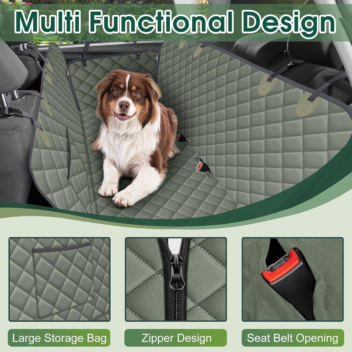 Waterproof Dog Car Seat Cover for Back Seat, Pet Hammock, L - Grayish Green / Small,Standard - image 3