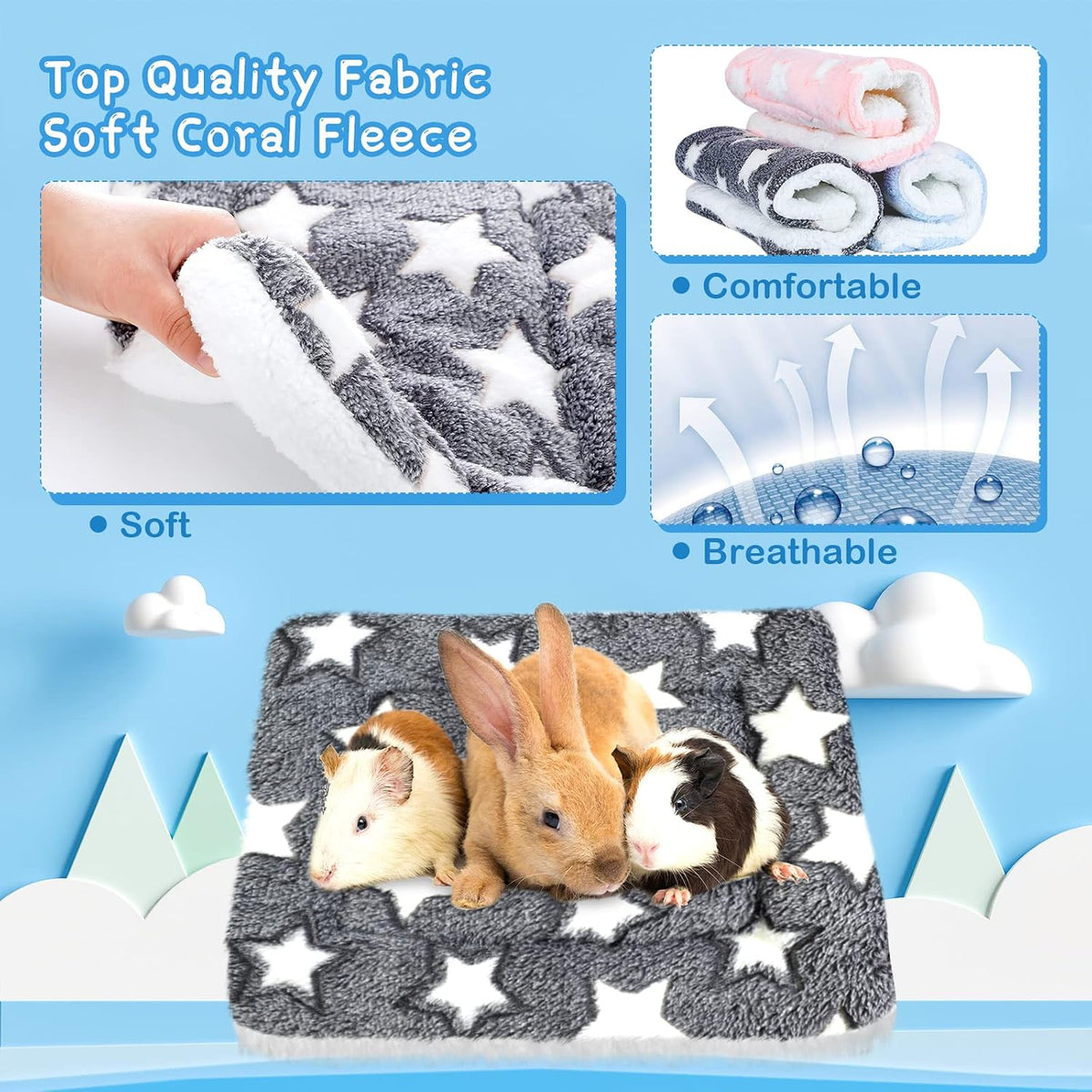 Jetec 3 Pcs Guinea Pig Beds, Fleece Small Animal Mats - Fleece / Star / Blue - image 3