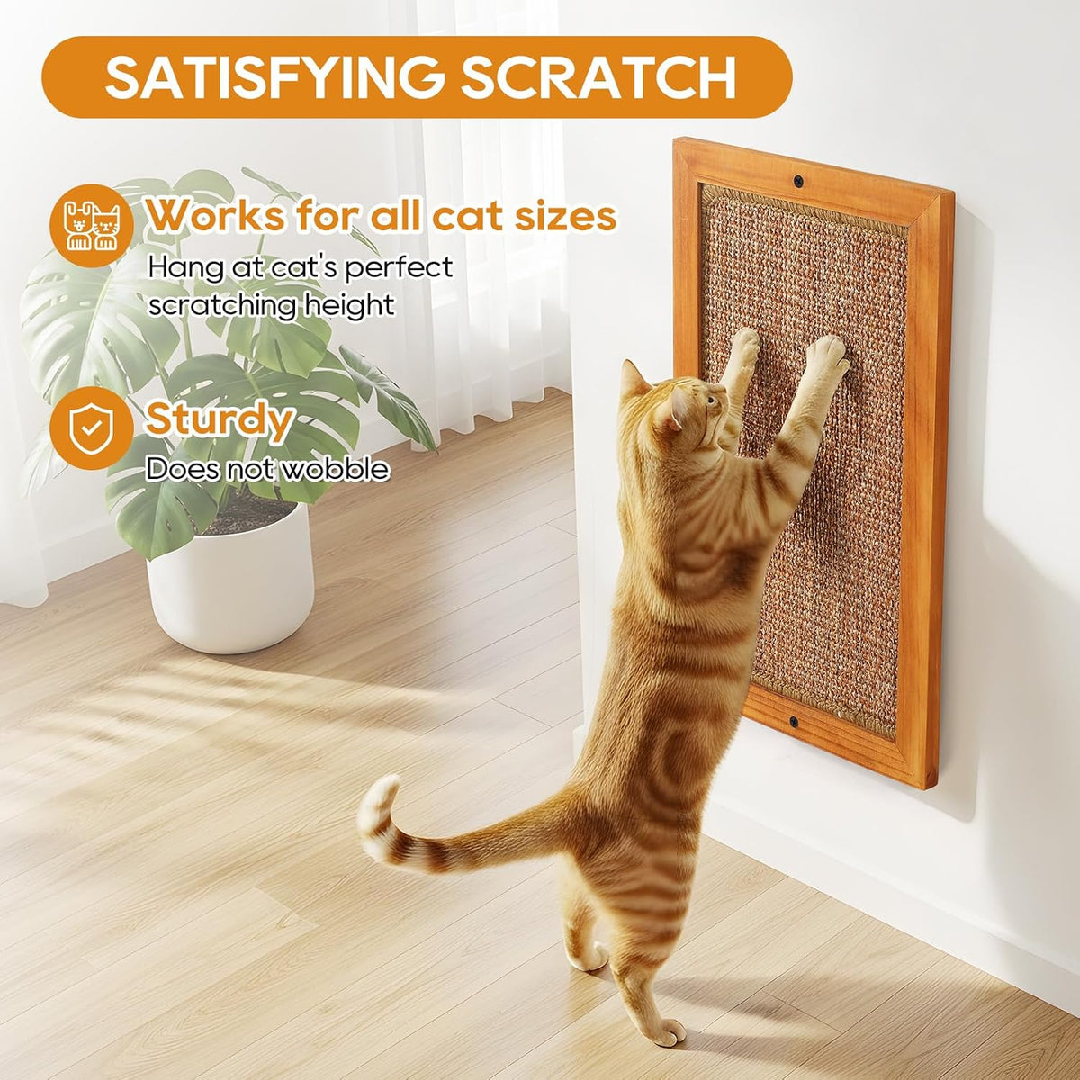 Cat Scratching Post, Wooden Sisal Cats Wall Scratcher - 2 PCS Large Brown - image 2