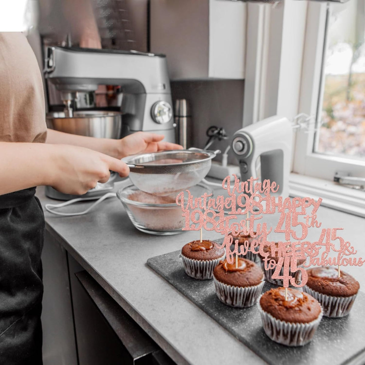Rose gold glitter vintage 1946 cupcake toppers for an 80th birthday - view 34