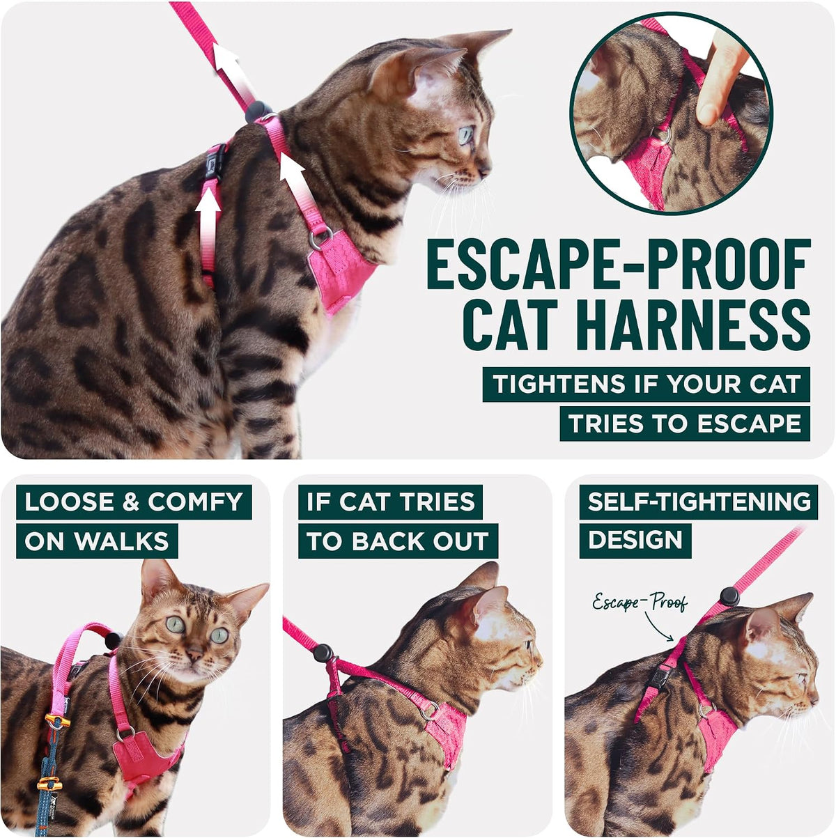 Houdini Escape Proof Cat Harness and Leash – Essentials for Cats - Pink / XL - image 2