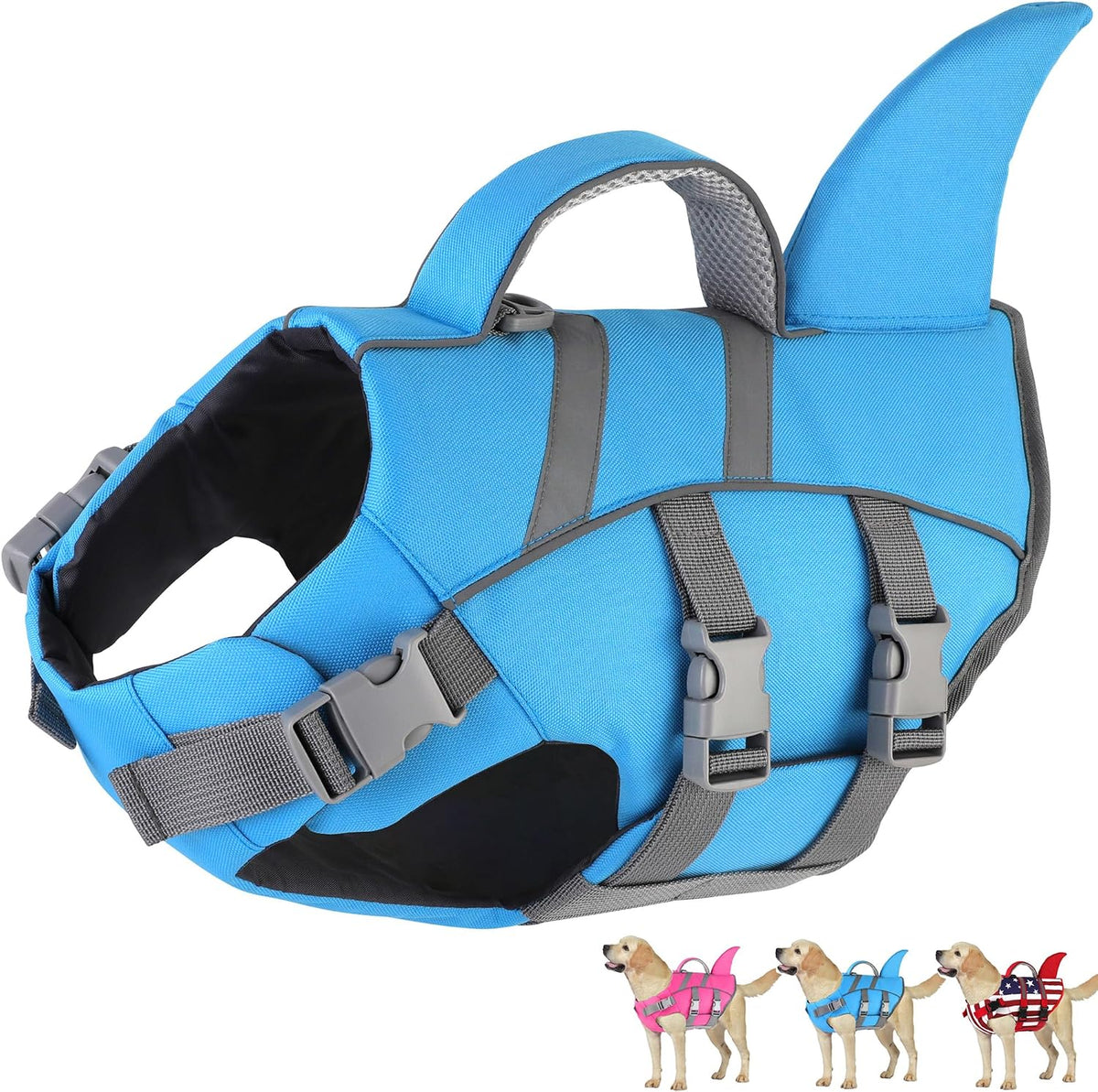 Dogcheer Dog Life Jacket Shark, Dog Life Vest with Rescue Handle - Blue / Medium