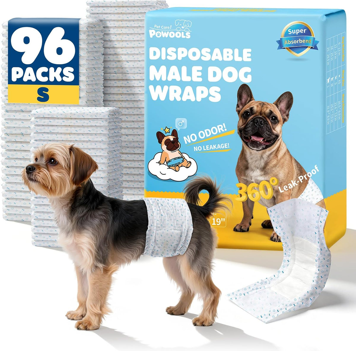 Powools Male Dog Wraps, 96 Count Disposable Dog Diapers, Small – Essentials for Dogs - Small - 96 Packs