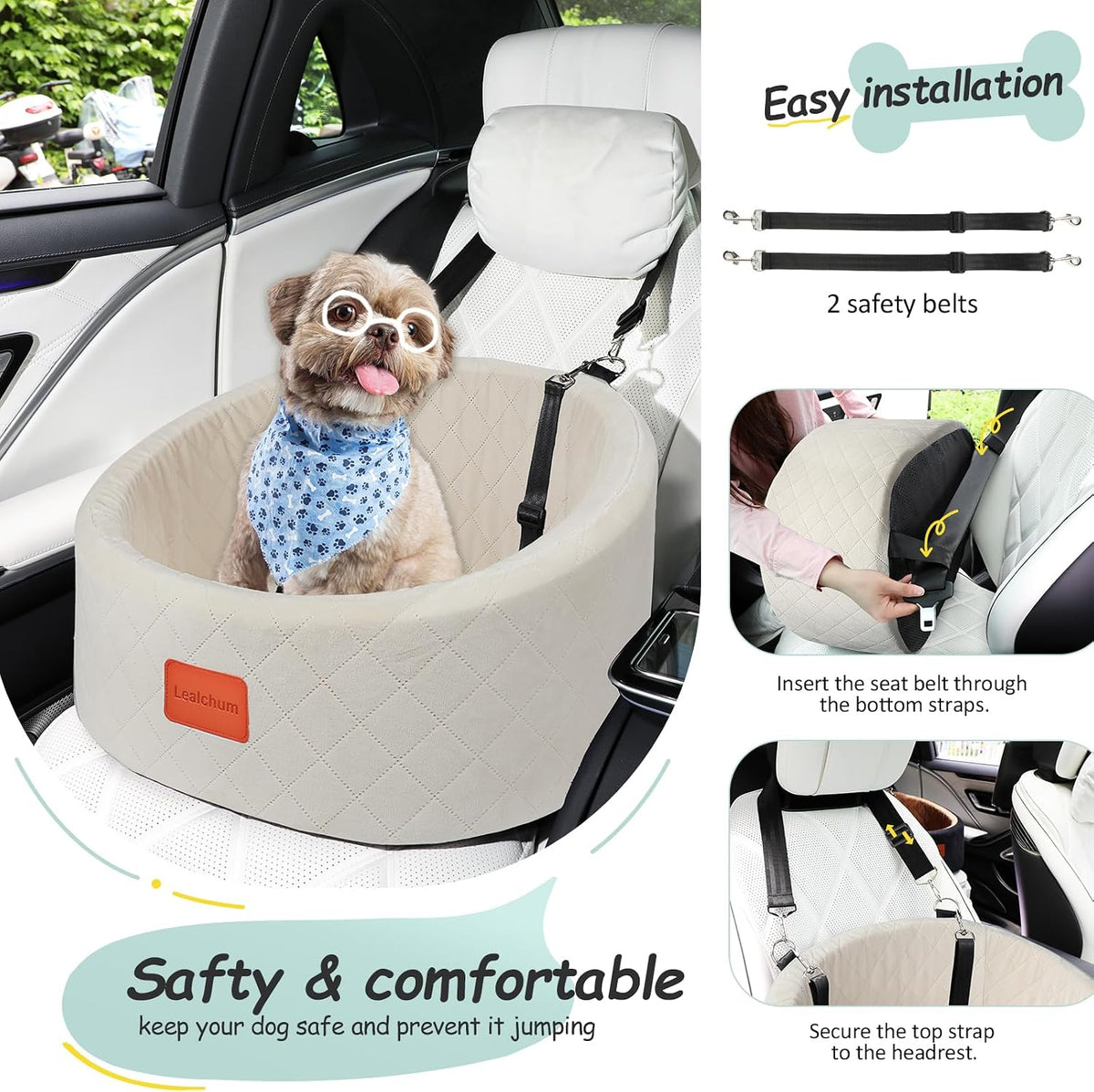 Lealchum Dog Car Seat for Small Dogs Up to 30 Lbs with 2 Safety Dog - Beige / Small - image 4
