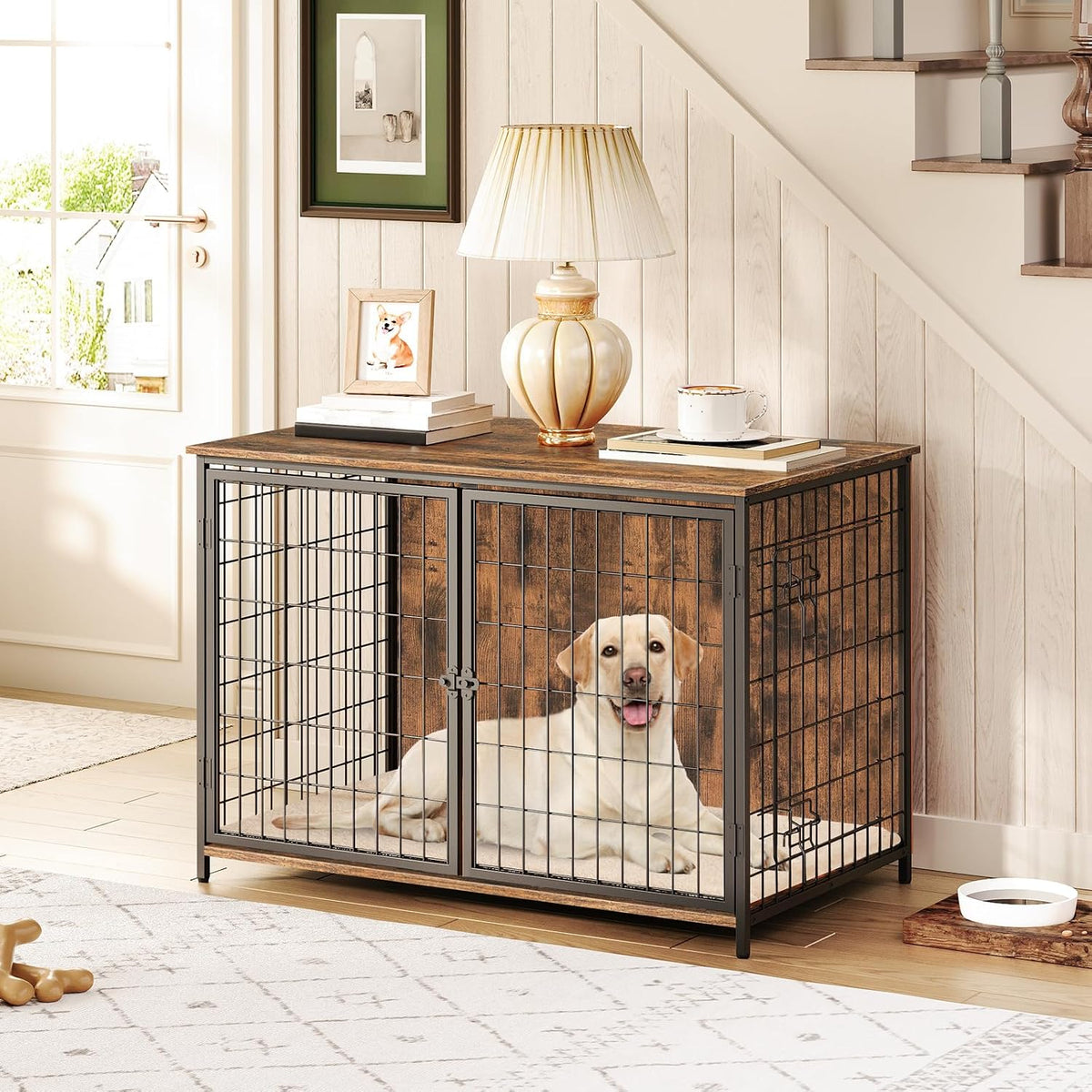 MAHANCRIS Dog Crate Furniture with Cushion - 39.4"L x 23.6"W x 27.5"H / Rustic Brown