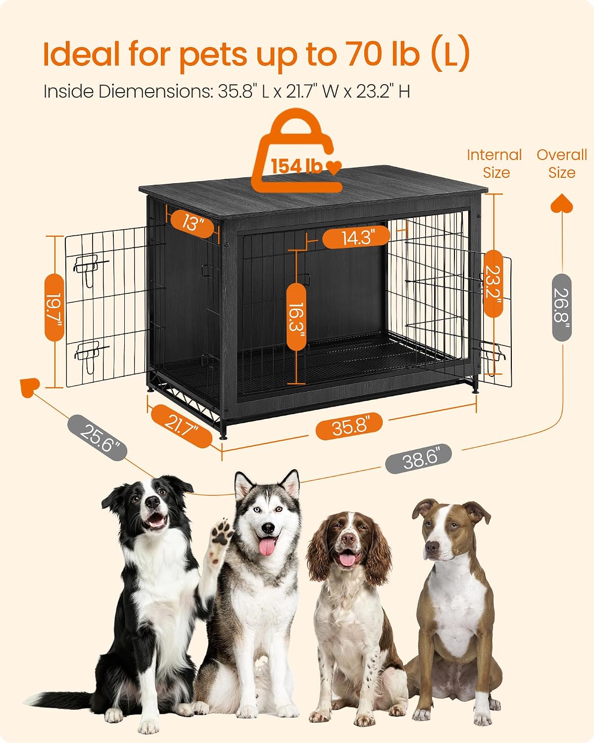 Feandrea 27.2" Dog Crate Furniture - Ink Black / 38.6"L x 25.6"W x 26.8"H - image 3